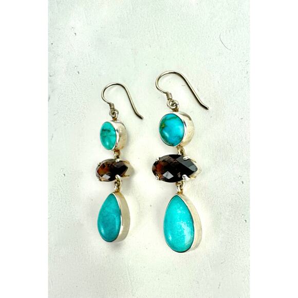Amazonite AZ Turquoise Smokey Quartz Sterling 925 Earrings - Picture 5 of 5